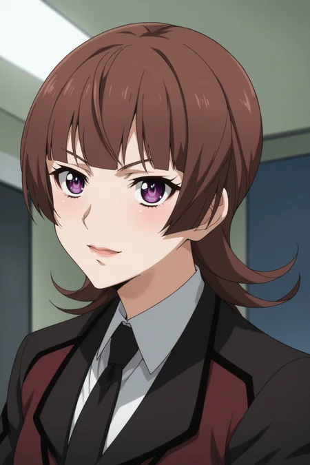 kazari asami, brown eyes, purple eyes, uniform, suit, military uniform, purple uniform, dark brown uniform, white shirt, collared shirt, jacket, closed jacket, dark brown necktie, skirt, pencil skirt, beige pantyhose, black highheels, <lora:Asami_Kazari:0.8>, score_9, score_8_up, score_7_up, score_6_up, score_5_up, source_anime, rating_safe, medium breasts, indoors, police office, 1girl, solo, looking at viewer, <lora:age_slider_v4:3>, (upper body:1.3), standing, v-shaped eyes, dynamic pose