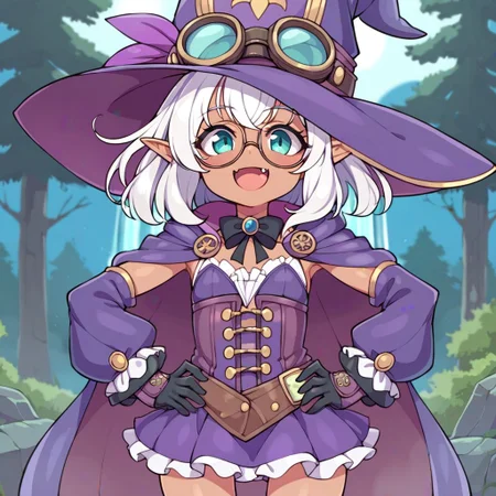 score_9, score_8_up, source_anime, highly detailed, elf, flat chest, ((medium hair)), (white hair), (((dark skin))), ((straight bangs)), purple ribbon, ((purple steampunk goggle)), (purple mage robes), close up, night, forest, witch hat, goggles on hat, (short skirt), hands on hips, happy, teal eyes, mouth fang, black gloves, clouds, long baggy sleeves, (midnight:1.2), (moonlight:1.1), alone, waterfall, hands clenched, (black round glasses),