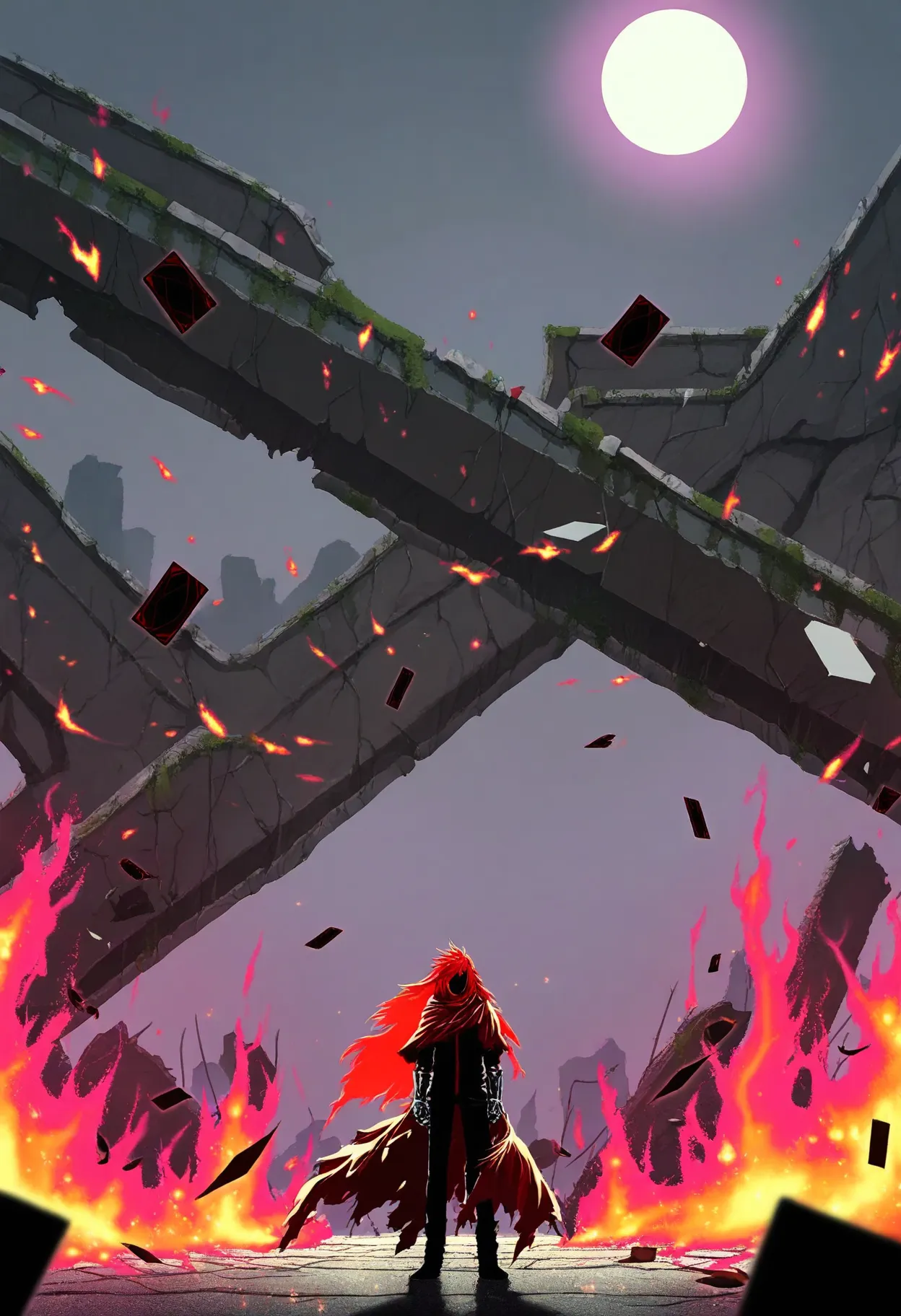 1boy, solo,
hair: long red hair, flowing in wind, partially obscuring face,
eyes: hidden by hair, but implied intense gaze,
clothing: flowing tattered cloak, crimson and black, simple dark shirt underneath, leather gloves,
setting: wide shot of sprawling ruins, fires burning intensely, night, full moon obscured by smoke, wind blowing debris, **scattered playing cards on ground**, **Joker card prominently visible**,
pose: standing amidst scattered cards, arms slightly outstretched, as if gesturing to the chaos, mysterious aura,
atmosphere: chaotic, uncertain, fateful, ominous, powerful, dramatic, sense of impending doom,
quality: masterpiece, extremely aesthetic, epic scale, highly detailed ruins, dynamic composition, rim lighting from fires and moon, vibrant fire colors, vivid colors, saturated,
artist style: by frank frazetta, by moebius (for lineart and detail), trending on artstation