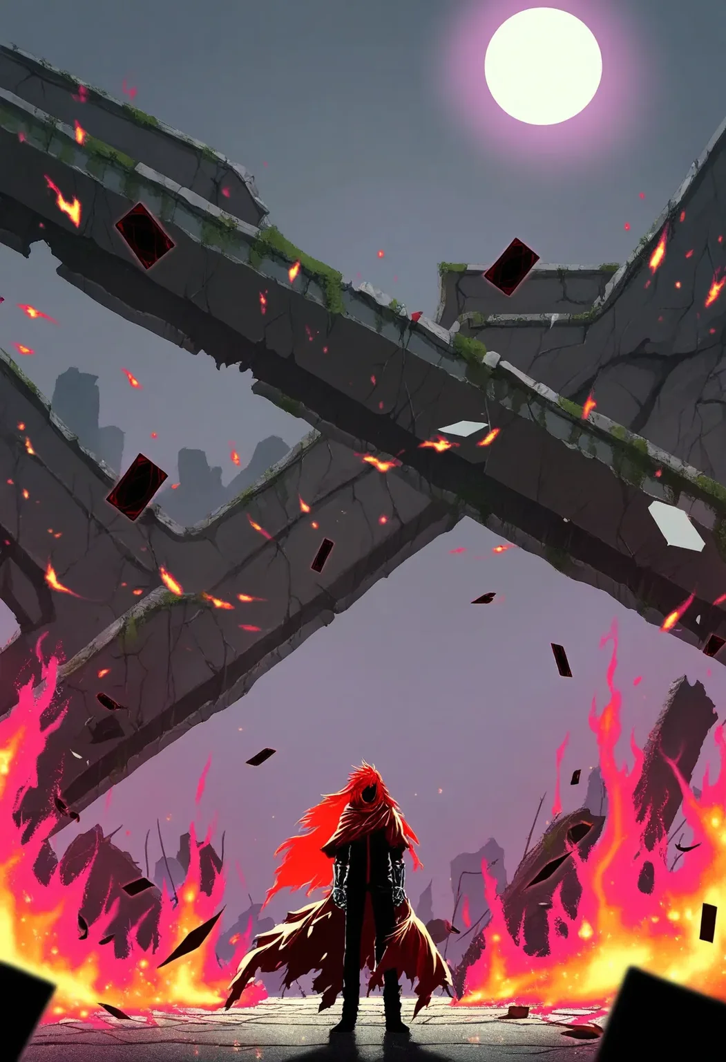 1boy, solo,
hair: long red hair, flowing in wind, partially obscuring face,
eyes: hidden by hair, but implied intense gaze,
clothing: flowing tattered cloak, crimson and black, simple dark shirt underneath, leather gloves,
setting: wide shot of sprawling ruins, fires burning intensely, night, full moon obscured by smoke, wind blowing debris, **scattered playing cards on ground**, **Joker card prominently visible**,
pose: standing amidst scattered cards, arms slightly outstretched, as if gesturing to the chaos, mysterious aura,
atmosphere: chaotic, uncertain, fateful, ominous, powerful, dramatic, sense of impending doom,
quality: masterpiece, extremely aesthetic, epic scale, highly detailed ruins, dynamic composition, rim lighting from fires and moon, vibrant fire colors, vivid colors, saturated,
artist style: by frank frazetta, by moebius (for lineart and detail), trending on artstation