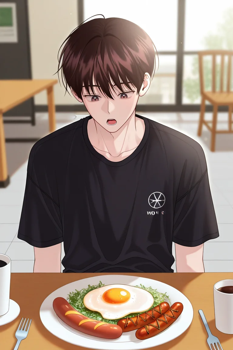masterpiece, best quality, amazing quality, very aesthetic, high resolution, ultra-detailed, absurdres, newest, scenery, volumetric lighting, depth of field,anime screencap, , , 1boy, solo, male focus,<lora:yoil:0.72>,won yo il,dark brown hair,brown eyes,short hair,open mouth, shirt, holding, sitting, upper body, short sleeves, food, indoors, cup, black shirt, chair, looking down,table, t-shirt, plate, fork, egg (food), fried egg, sausage, looking at food
