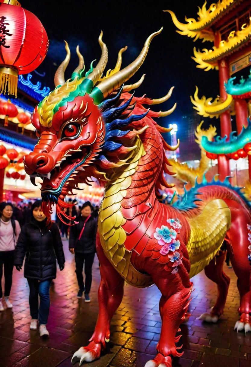 A vivid and ((multicolored Qilin), midnight, in a chinese red lantern festival street with people walking around), magnificent horns, vibrant feathers, majestic and legendary, captures attention with its vibrant hues, colorful high contrast, from china, festival of rich colors, hong kong, epic colors, formidable, rain, eyes lit, standing in the dark, anamorphic lens flares 4k, best of behance, holy flame crown spell, creative commons attribution, wallpaperflare, steven jung, trending on mentalray, hyper realstic, featured on pexels, big horn, highly beautiful, casting a magic spell, color overlay, =	,