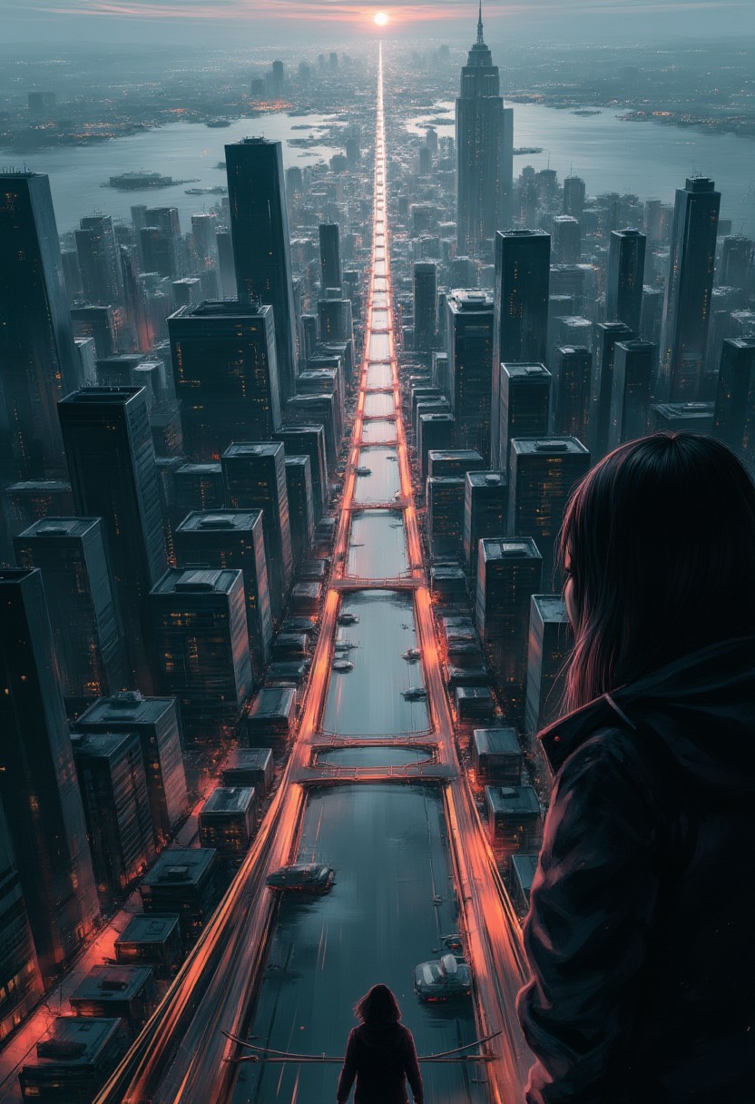 cinna flow, surreal, an entire metropolis that inhales and exhales like a living entity, its buildings shifting with every breath. Streets rearrange themselves, skyscrapers pulsate like heartbeats, and glowing rivers flow upward into the sky. The citizens are silhouettes, their faces reflecting the ever-changing skyline. Atmospheric haze, dreamlike movement, abstract cityscape with incredible detail.
