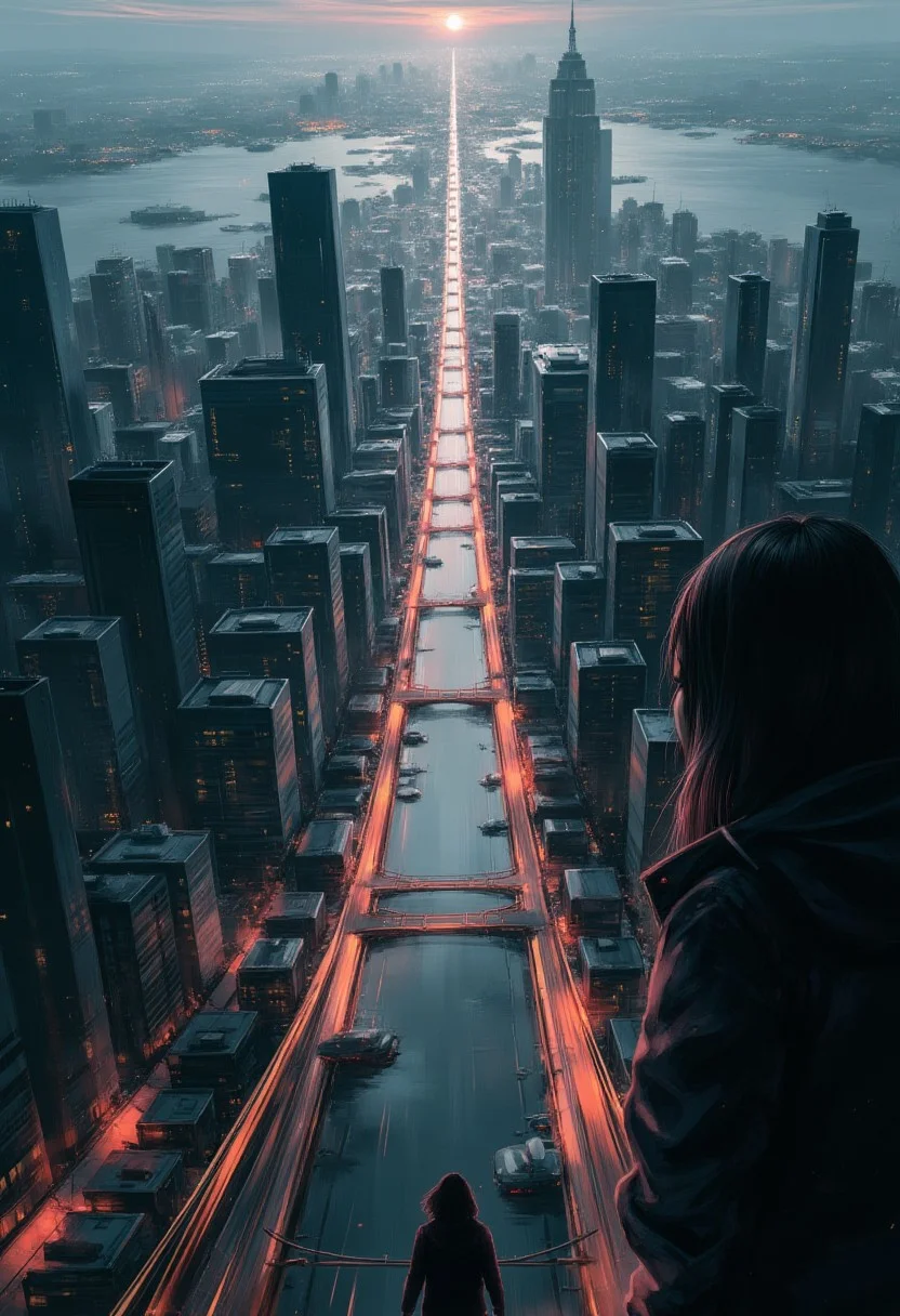 cinna flow, surreal, an entire metropolis that inhales and exhales like a living entity, its buildings shifting with every breath. Streets rearrange themselves, skyscrapers pulsate like heartbeats, and glowing rivers flow upward into the sky. The citizens are silhouettes, their faces reflecting the ever-changing skyline. Atmospheric haze, dreamlike movement, abstract cityscape with incredible detail.