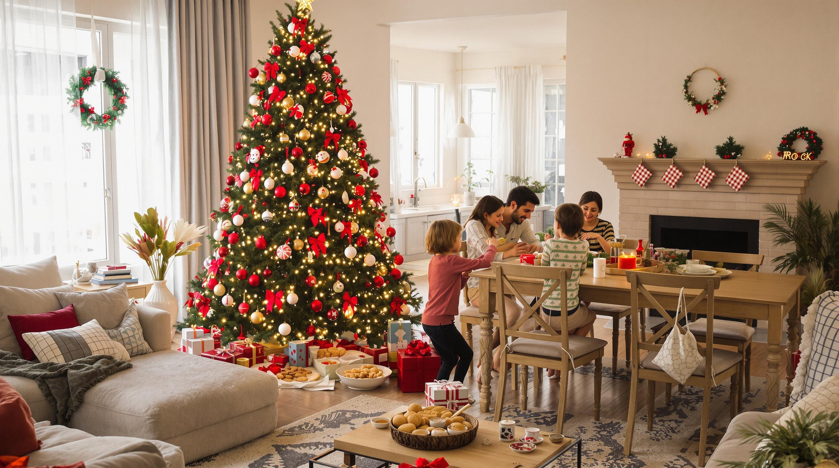 Christmas Tree with Gifts in a Decorated Living Room with Cookies and a Family Around a Dining Table with Christmas Food 4k