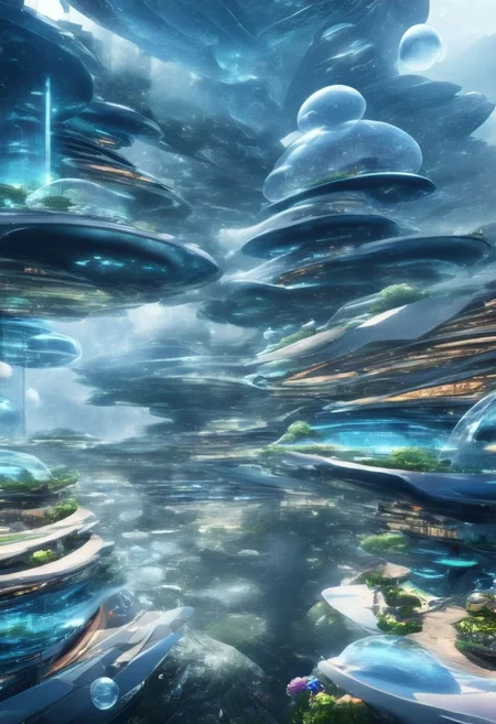 A new type of flying ship for sightseeing in the city of the future, 
Residents live in a sizable number of glass bubble capsules,
The alien colonial cities of the future look like towering ant nests built in Halong Bay filled with fog, glass dome, communications spire landmark, aircraft terminal, aerial mass transportation,
((The steel tower in the imperial capital of Star Wars, the Rubik's Cube and Golden Tower of the corporate headquarters in Blade Runner, The floating kingdom of Hayao Miyazaki's Castle in the Sky, the catacombs of Paris are full of skulls, Famous British architect Dream Detective)),
(futuristic:1.2), a huge military factory made of steel, glass, fog, sun, in the clouds, , futuristic military planes, moody tones, 
(real landscape:1.1), (blurred background:1.0), [buildings|trees|Crowd|buildings|trees|Crowd|buildings|trees|vehicle|Crowd:0.7], (background, more_details:0.3) 
great lighting, stacked, vertical, Neo Classic, futuresurban