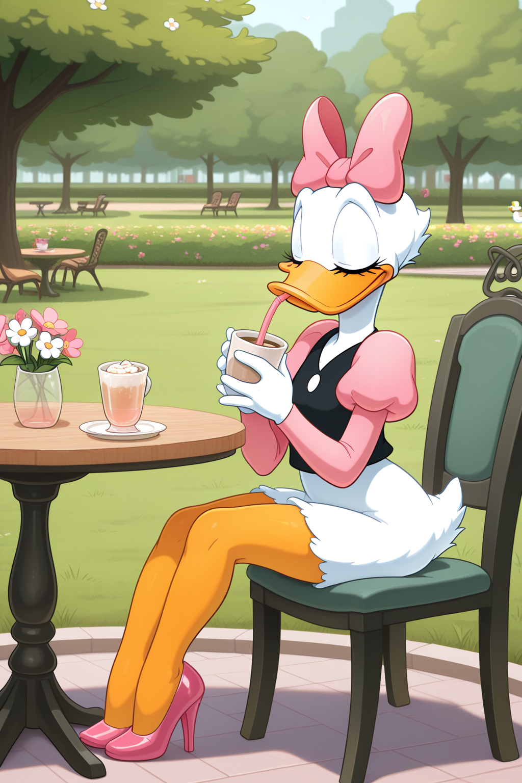 masterpiece, best quality, amazing quality, absurdres, daisyduck, solo, sitting, closed mouth, drinking, holding cup, relaxing, closed eyes, white plumage, white feathers, orange legs, pink ribbon, puffy sleeves, short pink sleeves, black shirt, pink stiletto heels, outdoors, cafe, park, grass, flowers