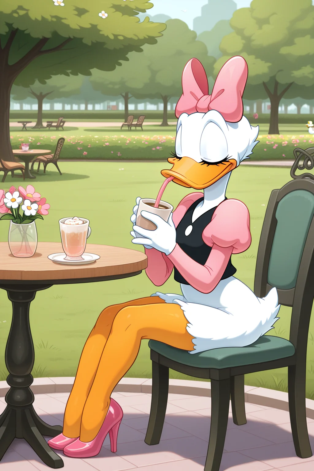 masterpiece, best quality, amazing quality, absurdres, daisyduck, solo, sitting, closed mouth, drinking, holding cup, relaxing, closed eyes, white plumage, white feathers, orange legs, pink ribbon, puffy sleeves, short pink sleeves, black shirt, pink stiletto heels, outdoors, cafe, park, grass, flowers