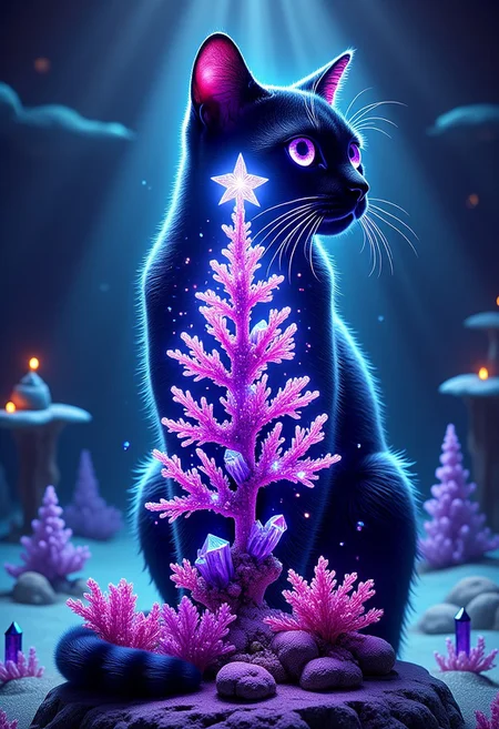 double exposure effect of (((cat silhouette))) , through cat silhouette we see image of underwater sparkling amethyst crystals coral reef shaped xmas tree glowing bright, water is violet color, straight lines and solids, (((warm colors))), green, intricate details, a vibrant digital illustration, dribbble, quantum wavetracing, behance hd, vivid colors, flat color, 2D, strong lines