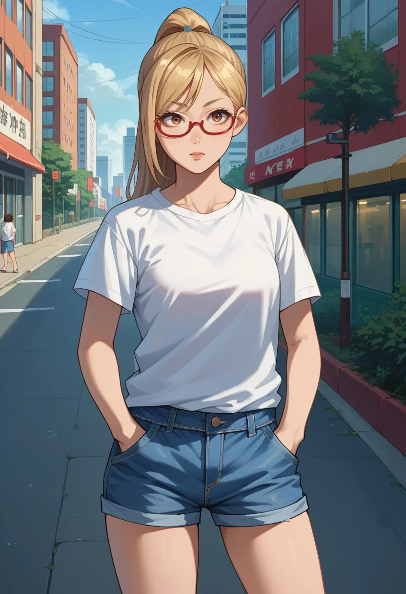 score_9, score_8_up, source_anime, 1girl, solo, KaedeAkiyama, long hair, ponytail, glasses, t-shirt, denim shorts, standing, outdoors, city, hands in pockets, <lora:ChamKaedeAkiyamaPonyXL:1>