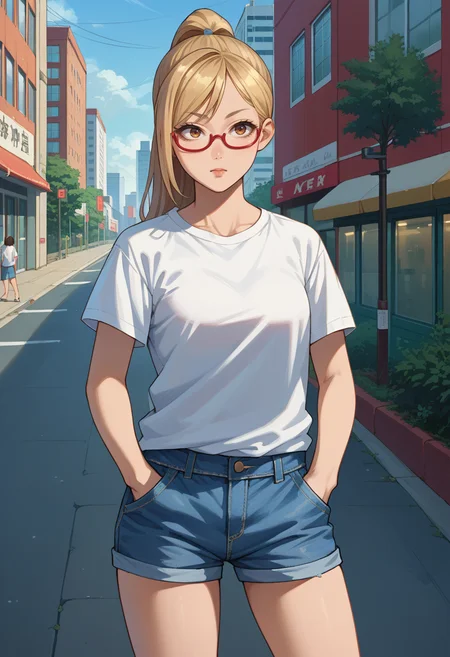 score_9, score_8_up, source_anime, 1girl, solo, KaedeAkiyama, long hair, ponytail, glasses, t-shirt, denim shorts, standing, outdoors, city, hands in pockets, <lora:ChamKaedeAkiyamaPonyXL:1>