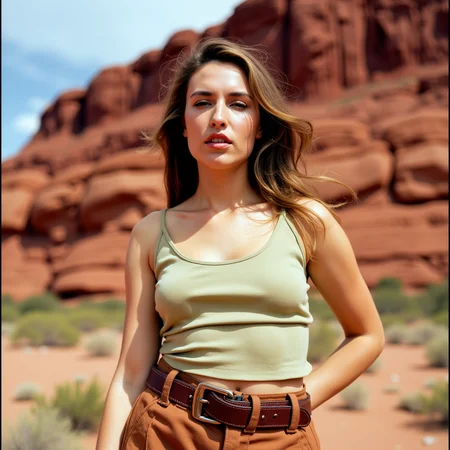analog film photo Ultra quality, ultra realistic, ultra detailed skin textures and colors, Cowboy shot, sun-blasted desert plateau in Arizona: A statuesque woman stands framed against a giant red rock wall, dressed in a pale olive silk tank with oversized earth-tone utility trousers and a vintage leather belt. The camera captures every pore and the dryness in her lips from the desert wind, as well as the slight glisten at her temples from the sun. Shot on Pentax 67 with the 165mm LS lens, using Kodak Ektar 100, with a large diffusion scrim softening the hard sunlight overhead and a white bounce panel lifting the shadows around her collarbones and sternum. Her skin texture is richâtiny imperfections, a faint scar under her chin, soft nasolabial folds, light pigmentation near her temples, and pronounced texture around her lips all give the portrait tactile truth. Her hair is dry, tangled in the wind, and her expression borders on confrontationalâgorgeous, real, defiant.
 <lora:Detailed Skin&Textures Flux V3:0.7> dsv4, faded film, desaturated, 35mm photo, grainy, vignette, vintage, Kodachrome, Lomography, stained, highly detailed, found footage
