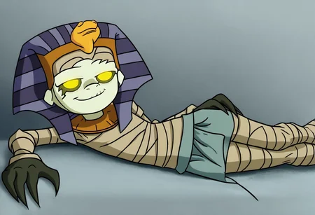 1boy, solo, tutenstein, mummy, bandages, yellow eyes, pupiless eyes, loincloth, egyptian headdress, grinning, from below, laying on side, arm support, thighs, seductive smile