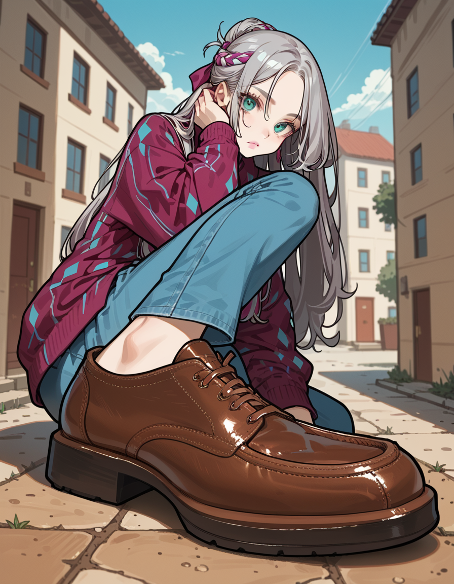 score_9, score_8_up, score_7_up, score_6_up, score_5_up, score_4_up, hud_sh03_sh0w, 1girl, solo, Blue , Slippers, Argyle sweater vest, light blue oxford shirt, high-waisted jeans, and suede loafers, Woman, Short, Firm, Diamond-Shaped Face, Dark Skin, Gray Hair, teal Eyes, Narrow Nose, Pouty Lips, Round Chin, Long Hair, Thick Hair, Low Updo, saggy breasts, , magenta velvet lipstick, Luxury yacht club foreshortening, looking at viewer, <lora:showinshoes:0.8>, outdoors,
