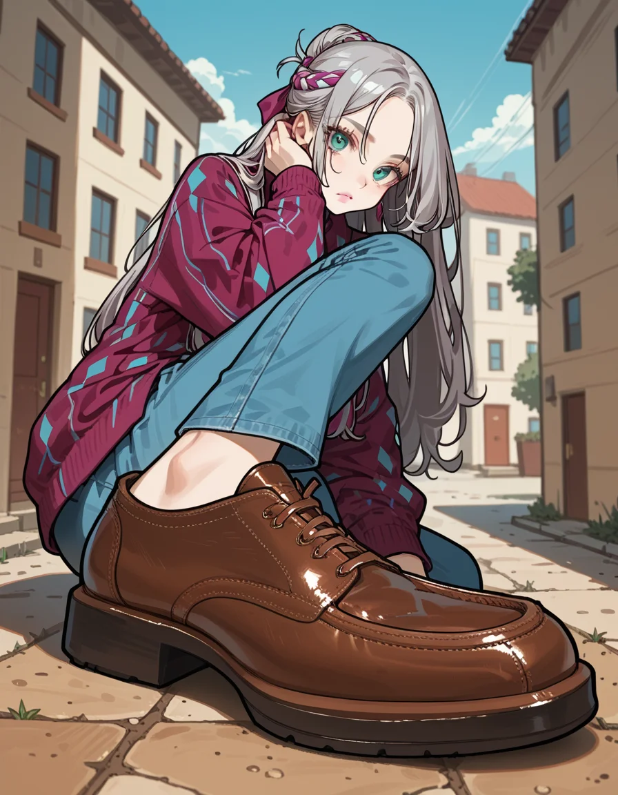 score_9, score_8_up, score_7_up, score_6_up, score_5_up, score_4_up, hud_sh03_sh0w, 1girl, solo, Blue , Slippers, Argyle sweater vest, light blue oxford shirt, high-waisted jeans, and suede loafers, Woman, Short, Firm, Diamond-Shaped Face, Dark Skin, Gray Hair, teal Eyes, Narrow Nose, Pouty Lips, Round Chin, Long Hair, Thick Hair, Low Updo, saggy breasts, , magenta velvet lipstick, Luxury yacht club foreshortening, looking at viewer, <lora:showinshoes:0.8>, outdoors,