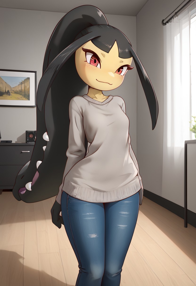 (((mawile))), female, anthro, pokemon \(creature\), red eyes, colored skin, extra mouth, multicolored skin, yellow skin, two-tone skin, black skin, ponytail, masterpiece, Rilex Lenov artstyle, best quality, highly detailed, score_9, score_8_up, score_7_up, score_6_up, source_anime, 1girl, Mawile, blushed, sensual smile, bedroom, gamer bedroom, perfect face, perfect anatomy, beautiful eyes, green eyes, baggy grey sweater, jeans, short black bob hair, yellow skin, black skin, smooth skin, thin body, small breast, (thick tighs:1.5), narrow waist, round ass, wide hips, embarassed, darkness, gamer bedroom,