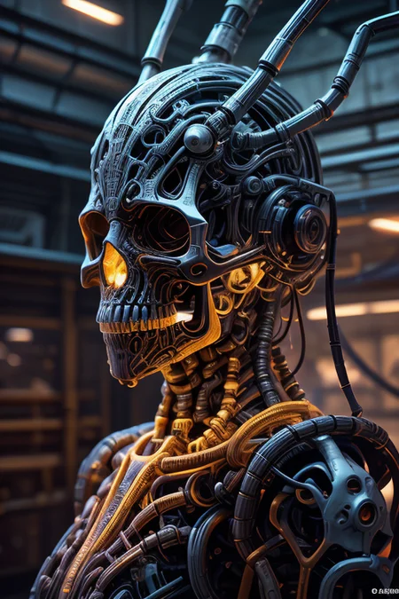 cybernetic robot masterpiece,best quality,absurdres,high details,8K,photorealistic,at distance,cowboy shot,1girl,<lora:epoxy_skull:1>,epoxy_skull,skull mask,<lora:Concept_-_Hella-sthetic_v2:0.7>, . android, AI, machine, metal, wires, tech, futuristic, highly detailed