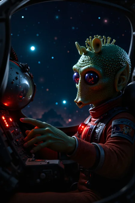 A hyper-realistic portrait, photorealistic photo close-up image of A male Rodian starfighter pilot sits in the cockpit of his sleek A-wing, his hands gripping the controls as the stars blur into lines of light around him. His bright green skin is bathed in the glow of the cockpitâs control panels, while his sharp eyes focus intently on the swirling vortex of hyperspace outside. The tight, fitted flight suit he wears is adorned with patches of past battles, and his helmet, sitting beside him on the seat, is scuffed from countless dogfights. The hum of the engines vibrates through the ship, and the dim red lights inside the cockpit flicker in sync with the steady rhythm of the hyperdrive. His fingers tap on the control panel as he checks his coordinates, ensuring the ship stays on course through the vast emptiness of space. The pilot's antennae twitch with anticipation; a dangerous mission awaits at his destination, but he remains calm, steady, and prepared. Outside, the stars continue their endless dance, a reminder of the vastness of the galaxy and the tiny role he plays in its ongoing conflicts. The interior of the cockpit feels intimate, yet full of potential energy, ready to spring into action at any moment. (photography, high-resolution, dynamic, energetic,hyper-realistic, dramatic lighting, shallow depth of field.), detailmaximizer, MythP0rt<lora:midjourney_whisper_flux_lora_v01:0.55><lora:aidmaMJ6.1-FLUX-V0.1:0.4><lora:FluxMythP0rtr4itStyle:0.4><lora:detailed_flux_ntc:2.2><lora:aidmaImageUpgrader-FLUX-V0.1:0.65><lora:RODIAN_1:1.1>