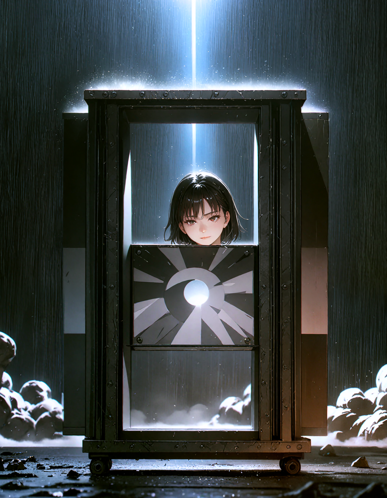 scenery,dark wordl,black hole,lowkeylight, cloudy sky, metallic texture, chromatic aberration,rainy,dust particles,detached head on box,portal,magic,vintage, 1990s \(style\)  Ghost In The Shell, official art, perfect face, (cinematic lighting:1.3), (highly detailed:1.5), (epic realism:1.4), (masterpiece:1.6) ((official art, aesthetic, depth of field, film grain, light particles, atmospheric haze,shadow, attractive face, light rays, trending on Artstation, intricate detail, deviantart, UHD, HDR10, (Masterpiece:1.5), Absurdres,(best quality:1.5) Ray-Tracing, soft shadows))
