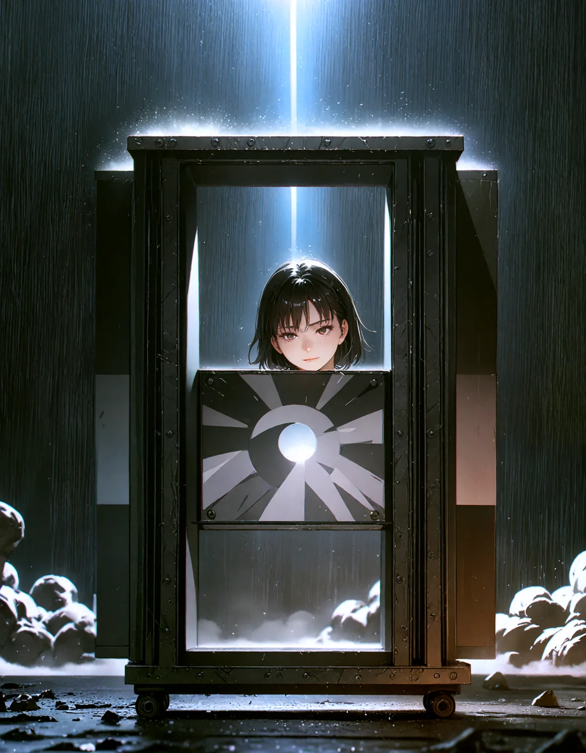 scenery,dark wordl,black hole,lowkeylight, cloudy sky, metallic texture, chromatic aberration,rainy,dust particles,detached head on box,portal,magic,vintage, 1990s \(style\) Ghost In The Shell, official art, perfect face, (cinematic lighting:1.3), (highly detailed:1.5), (epic realism:1.4), (masterpiece:1.6) ((official art, aesthetic, depth of field, film grain, light particles, atmospheric haze,shadow, attractive face, light rays, trending on Artstation, intricate detail, deviantart, UHD, HDR10, (Masterpiece:1.5), Absurdres,(best quality:1.5) Ray-Tracing, soft shadows))