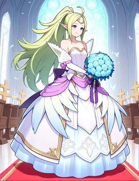 full body, church, temple, wedding, dynamic pose, altar, 1girl,
happy, light smile, 
<lora:AwakeningBridal2:1> awakeningbride, collarbone, strapless, bare shoulders, cleavage, back bow, ribbons, butterfly hair ornament, long dress, (glowing dress), sparkling dress, shiny clothes, white wedding dress, feathers, detached sleeves, bridal gauntlets, gold trim, blue glow, holding bouquet,
 <lora:nowiILM:1> nowi (fire emblem), blonde hair, green colored tips, long hair, very long hair, parted bangs, purple eyes, ahoge, pointy ears, ponytail, high ponytail, tiara, circlet, sidelocks, gradient hair, bow,, masterpiece, best quality, amazing quality, very aesthetic, absurdres, newest