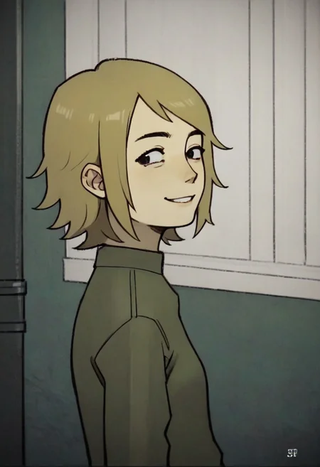 score_9,score_8_up,score_7_up,score_6_up,source anime BREAK, 1girl, solo, short hair, blonde hair, side view, head turned to the side, smile, side profie