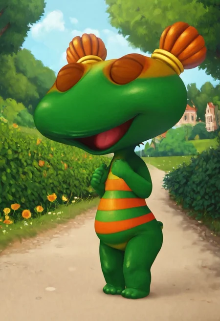 lulu zipadoo, 1girl, furry, anthro, (frog shaped head), green skin, blue eyes, orange eyelid, orange hair, yellow hair ties, pigtails, wide head, chibi, 3 oranges stripes around belly, plump, little tail, wide hips, short body, short legs, Expressiveh, realistic, 3d, eyes closed, score_8_up, score_7_up, BREAK, 1girl, solo, closeup, happy, :D, no shell, bare hands, looking at viewer, park, detailed backround