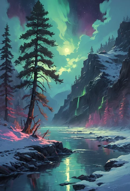 Under the eerie glow of a full moon,a dark and ominous landscape unfolds. A vibrant, colorful pine stands by the edge of a serene lake,its vivid hues contrasting starkly with the foreboding atmosphere. In the background,a waterfall cascades down jagged rocks,the water glistening in the moonlight. Thick,swirling clouds loom overhead,adding to the sense of an evil presence. winter landscape, aurora borealis, northern lights, The moonlight filters through the clouds,casting an otherworldly glow over the scene. The air is thick with mysticism,as if the very night holds ancient secrets and dark magic.  [romantic impressionism,dream scenery art,beautiful oil matte painting,romantic,style of thomas kinkade,beautiful digital painting,anime landscape,romantic painting,dreamlike digital painting,colorful painting,beautiful gorgeous digital art,style of greg rutkowski,janek sedlar,jenny saville:0]
