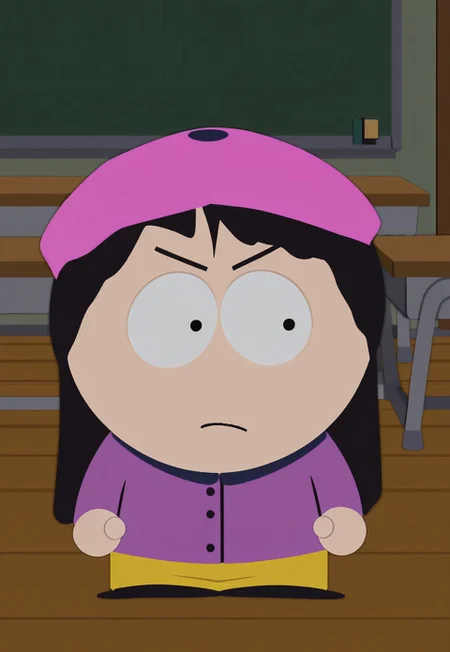 best quality, masterpiece, hi res, Wendy Testaburger from 1girl, solo, 1girl, black dot eyes, long black hair, parody,
pink beret, light purple jacket with a navy blue trim, navy blue gloves, yellow trousers
classroom,