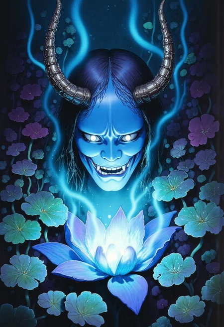 Studio Ghibli Dark Fairytale depicting a cursed hannya mask with horns and fangs blooming out of a blue lotus in a liminal bonsai garden with eerie radiating cyan and magenta miasma ghiblistyle