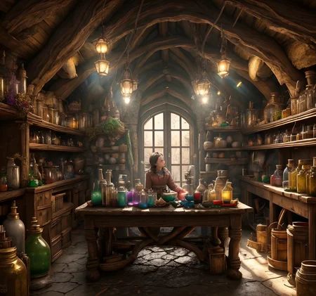 RAW photo, (masterpiece:1.3), subsurface scattering, heavy shadow, (high quality:1.4), (intricate, high detail:1.2), professional photography, HDR, High Dynamic Range, realistic, ultra realistic, photorealistic, high resolution, film photography, ambient lighting, atmospheric effects, <lora:detail_slider_v4:2>, OverallDetail, <lora:Fantasy_Interior:1>, a female alchemist, cauldron, bottles, faninter, fantasy, indoors, potions, table, window