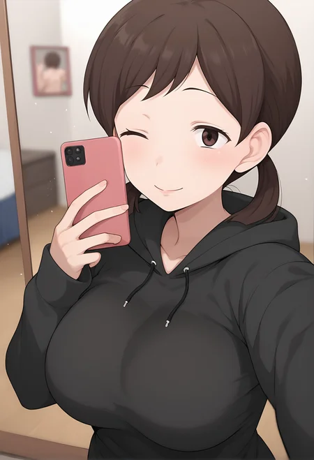 by_terasu mc,score_8_up, bedroom,mirror,reflection,depth of field,blurry background,light particles, solo,facing viewer,mirror_selfie,holding phone, v, <lora:nao-v22-pdxl-000008:1> girlnao, brown eyes, medium hair,brown hair,large breasts,low twintails,black hoodie,looking at phone,seductive smile, one eye closed, tongue out,