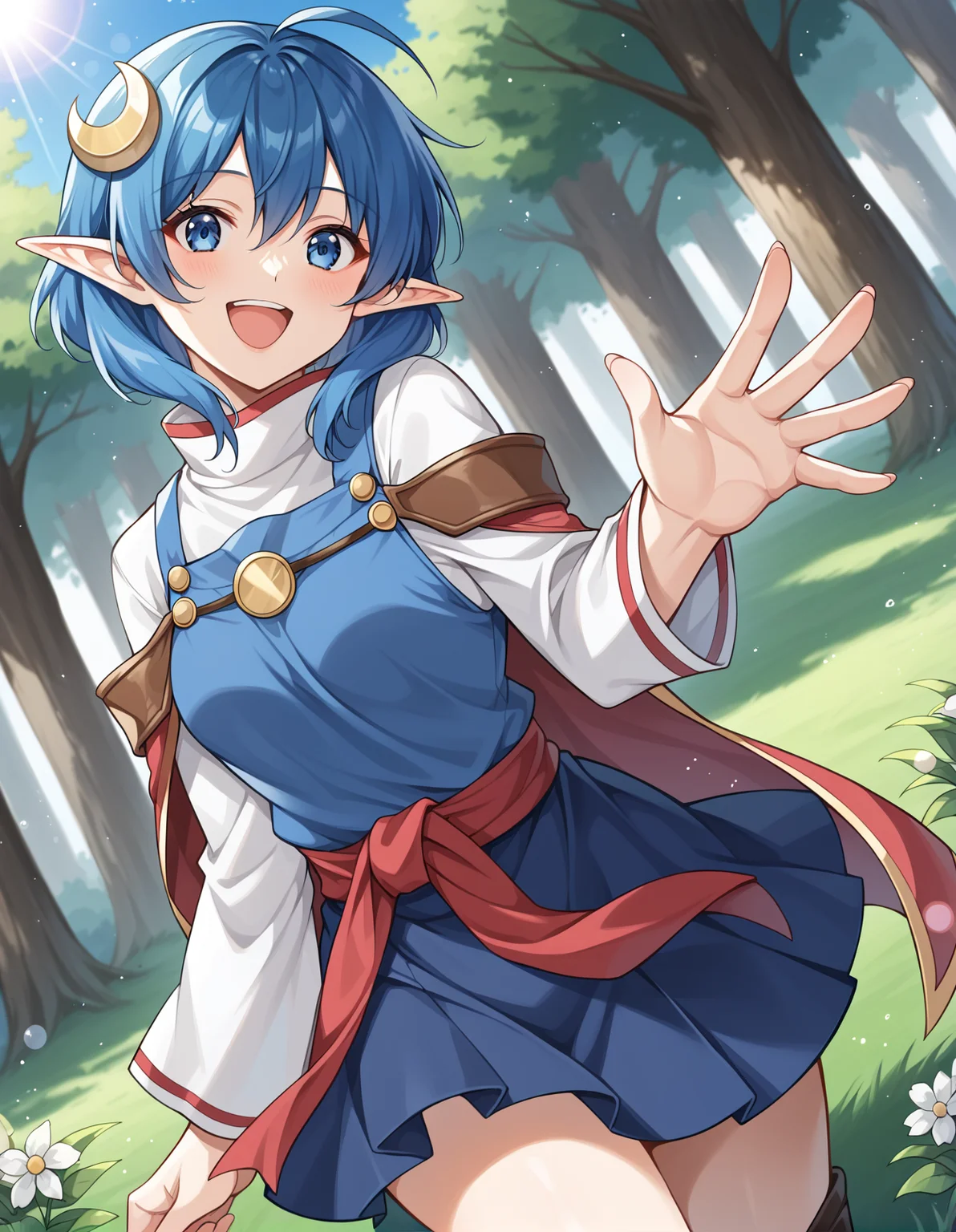 score_9, score_8_up, score_7_up, source_anime, rating_safe, BREAK score_9, rating_explicit, BREAK <lora:renaLanfordXL_LoRA-C3Lier_AdamW_Dim16_Alpha16_UN-3e-4_TE-1.5e-4_10batch_ponyDiffusionV6XL_v6StartWithThisOne:1>, rena lanford, 1girl, ahoge, blue hair, short hair, blue eyes, pointy ears, small breasts, crescent hair ornament, leather armor, red cape, blue vest, red ribbon, waist ribbon, blue skirt, miniskirt, smile, happy, open mouth, reaching towards viewer, dutch angle, forest, light particles, flower, tree, grass, sunlight, tree shade, lens flare