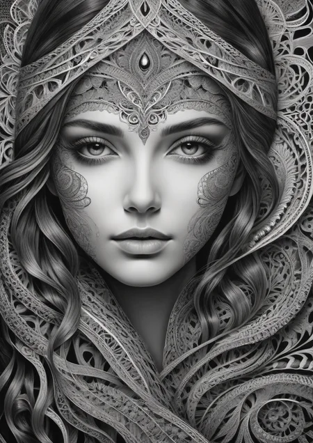 gorgeous mysterious woman, beautiful lighting, composition, framing, Zentangle, Intricate, abstract, monochrome, patterns, meditative, highly detailed,