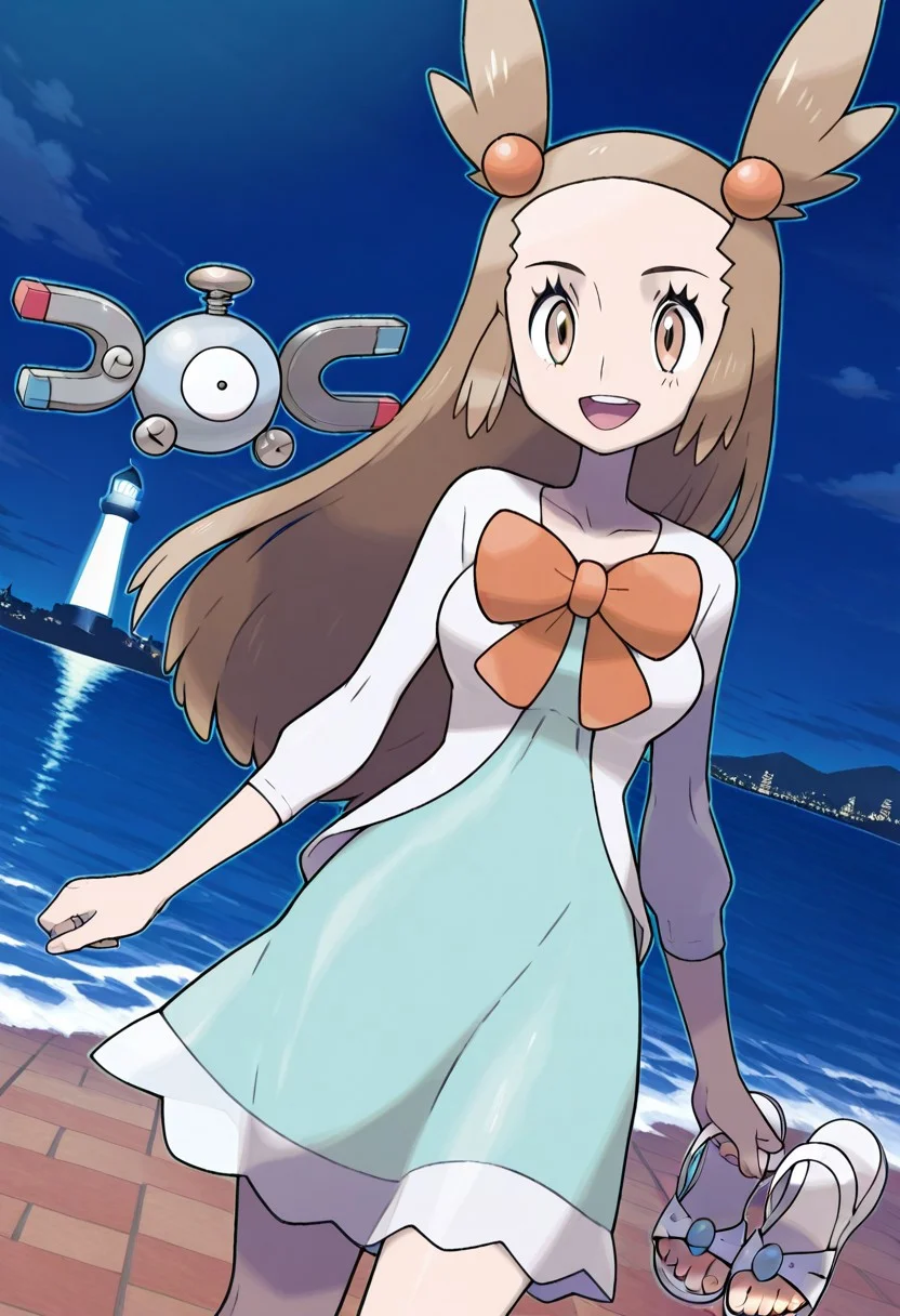 masterpiece, best quality, highres, newest, 1girl, breasts, solo,  jasmine, sandals, short white cardigan, collarbone, orange bowtie, sleeves past elbows, aqua dress, smile, open mouth, upper teeth, city, lighthouse, sea, night, cowboy shot, dynamic angle, official style, magnemite <lora:Jasmine_-_Pokemon_Illustrious:1>, masterpiece, best quality, amazing quality, very aesthetic, absurdres,  newest, (volumetric lighting), sugimori, jaggy lines, outline