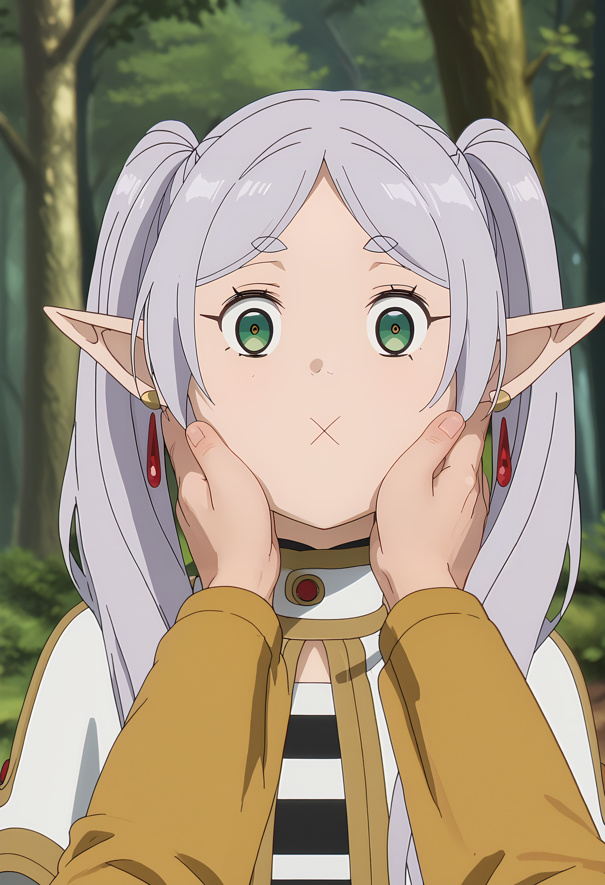 score_7_up, anime screencap, close-up, cheek squash, hands on another's face, pov hands,
<lora:SousouNoFrieren_FrierenXL:0.9>, FrierenSSnF,
1girl, constricted pupils, wide-eyed, tight lipped, jitome, parody, meme,
grey hair, long hair, green eyes, twintails, parted bangs, earrings, pointy ears,
FrierenCasual, striped shirt, white capelet,
looking at viewer,
blurry background, photo background, forest, <lora:Concept_KokkoroXFace_XL:1>, <lora:POVCheekSquash_XLPD:1>