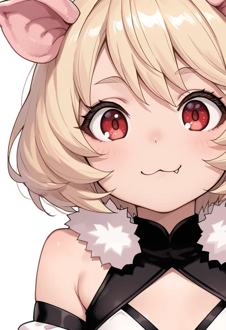 Smooth Quality,masterpiece,beautiful aesthetic, very intricate, high quality details, ultra realistic, high detailed skin
simple background, white background,
c:,:3,
(portrait:1.2), close-up, 
 <lora:Young_Pauvinacnn:0.8>  youngpauvina/cnn, 1girl, animal ears, short hair, fang, detached sleeves, navel,pig ears,blonde hair, baggy shorts, red eyes,sandals,