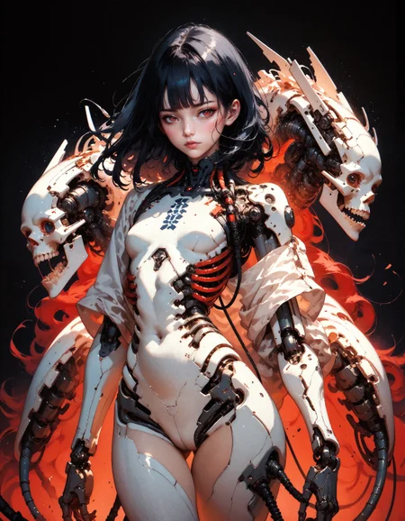 score_9, score_8_up, score_7_up, score_6_up, score_5_up, score_4_up,  embedding:zPDXL, 1girl, solo, breasts, very long hair, bangs, simple background, black hair, red eyes, closed mouth, weapon, small breasts, blunt bangs, medium hair, looking at viewer, wide hips, thighs, floating hair, expressionless, black background, science fiction, android, cable, mechanical arms, cyborg, robot joints, mechanical parts, tube, spine, kanji, chinese characters