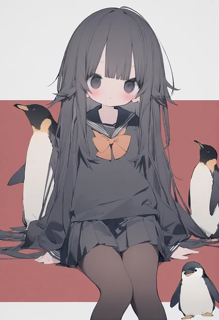 1girl,
nanmokaken,
black skirt, skirt, very long hair, blunt bangs, orange bow, sitting, long sleeves, animal, pleated skirt, red bowtie, school uniform, red bow, miniskirt, bow, penguin, black pantyhose, sidelocks, blush, black eyes, sailor collar, grey background, black shirt, bowtie, bird, pantyhose, black sailor collar, shirt, black hair, solo, red background, long hair, looking at viewer, two-tone background,
masterpiece, best quality, newest, safe
<lora:nanmokaken_image36_2024-03-28_a31-000045:1>