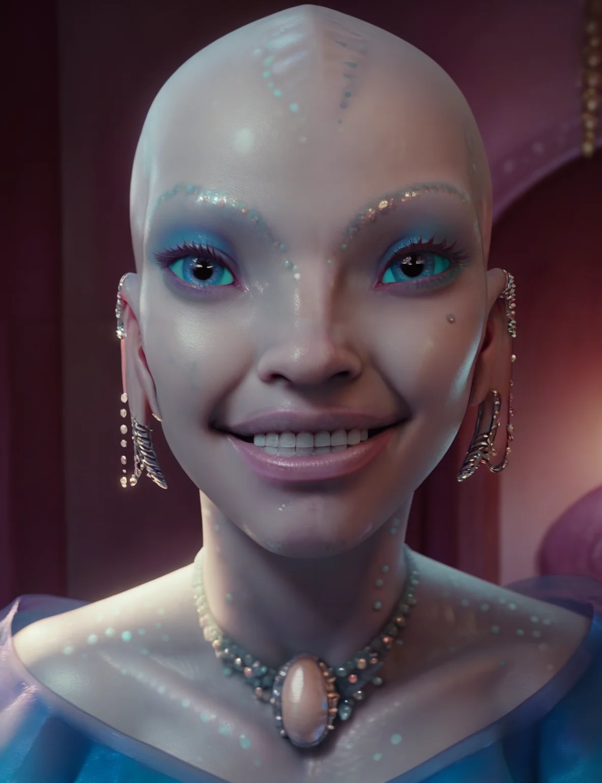 <lora:Pearl_people_Valerian_and_the_city_of_a_thousand_planets:1> pearl_people, Princess_Lihio, portrait, blue eyes, looking at the viewer, solo, indoors, gray skin, iridescent, sharp focus, smile, score_9, score_8_up, score_7_up, score_6_up, score_5_up, score_4_up