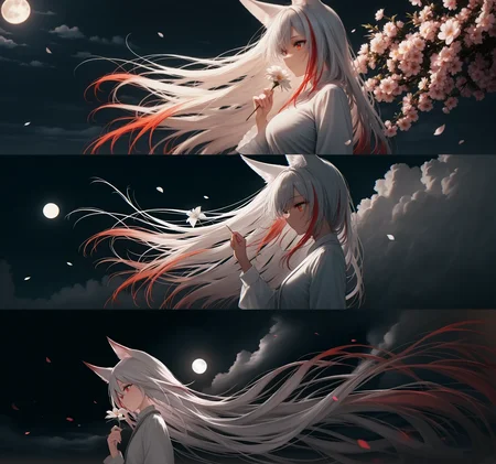 <lora:illustriousXLv01_stabilizer_v1.152:0.6><lora:contract_controller_illus01_v1:0.1>1girl,fox ears,red eyes,long hair,red hair,white hair,multicolored hair,closed mouth,upper body,from side,falling petals,ambient light,night,black sky,moon,cloud,long sleeves,holding flower,hand up,wind,dark,masterpiece,