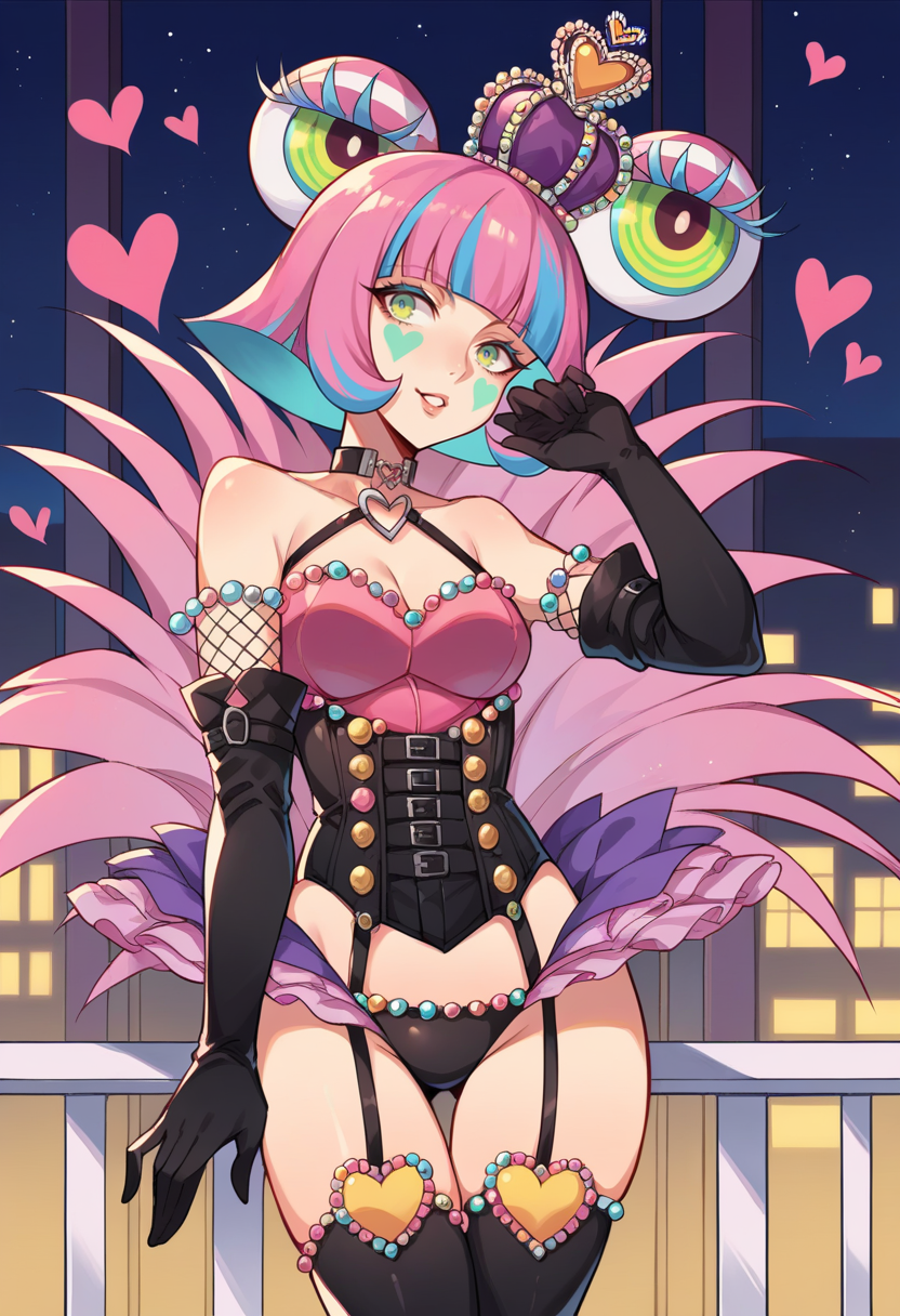 score_9, score_8_up, score_7_up, source_anime BREAK 1girl, solo,   <lora:zs_ShadowAliceXL:1> alicep5s, multicolored hair, pink hair, blue hair, short hair, blunt bangs, eyeballs, crown, heart, bustier, panties, cleavage, elbow gloves, thigh highs, garter straps, choker, feathers, ribbons, facial mark, city, night