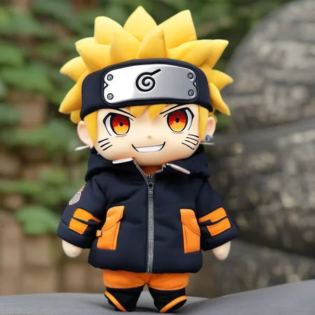 <lora:stuffed-toy_XL:1>,stuffed-toy,masterpiece,best quality,1boy,blonde hair,male focus,solo,smile,uzumaki naruto,grin,chibi,forehead protector,konohagakure symbol,looking at viewer,headband,facial mark,orange eyes,round image,whisker markings,jacket,spiked hair,