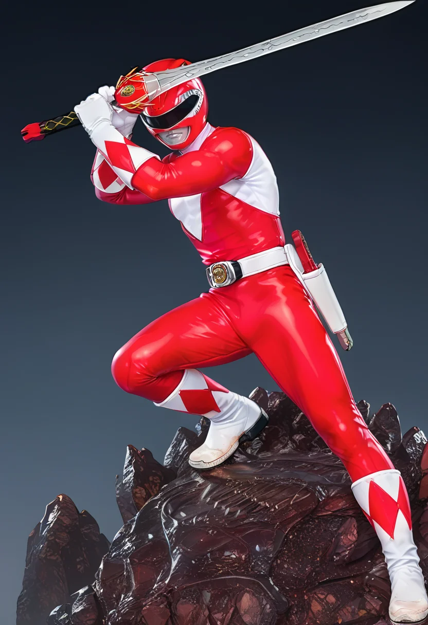 (score_9:0.9),score_8_up,score_7_up,anime style,rating_safe,<lora:Red Ranger ponyXL v3.1:0.9>, Red Ranger, 1boy, weapon, solo, male focus, sword, helmet, belt, sword, holding, holding sword
