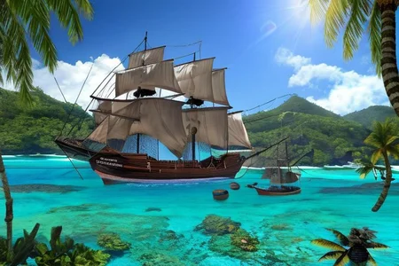 (masterpiece:1.2), (best quality,:1.2), 8k, HDR, ultra detailed, ((photorealistic)), perfect anatomy, professional light, cinematic lighting, fashion photography, ambient lighting,<lora:detail_slider_v4:3>, pire, <lora:PirateRealms-10:1>, a tropical island with a pirate ship anchoring in the bay, in the caribbean, epiCPhoto