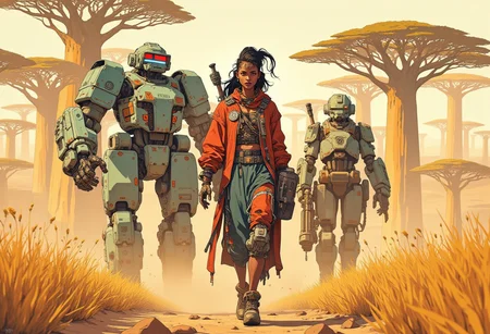 A young African woman in her shwe-swhe robe and armour walks towards the viewer, her large guard robot next to her, large baobab trees in the background, dynamic movement, intricate detail, tribal African elements, hints of gold and red, cyberpunk anime, cyberpunk, golden hour,