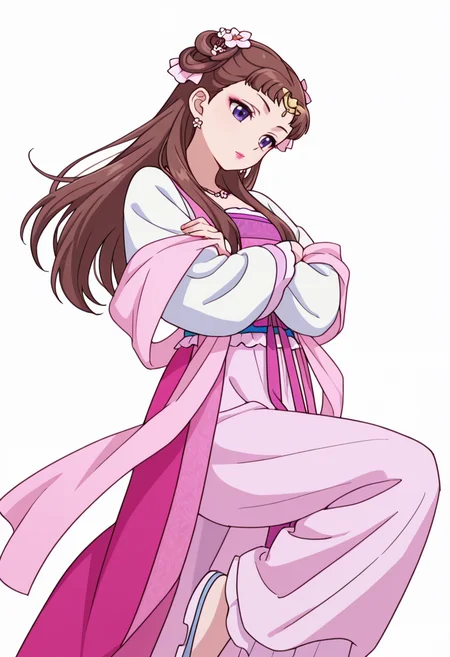 Smooth Quality,masterpiece,very intricate, high quality details, ultra realistic, high detailed skin,detailed enviorement,absurdres,
partially undressed,
<lora:Lishu_CNR:0.8> lishu_cnr,brown hair, long hair, purple eyes, makeup, lipstick, lishu_pink_cnr,hanfu, dress, long sleeves, sash, shawl, circlet, flower earrings, necklace,hair flower, hair rings, hair bun,, simple background, white background, front view,
dynamic pose, arms crossed, one leg bent, confident stance, slight head tilt, relaxed hands, ,sulking,
