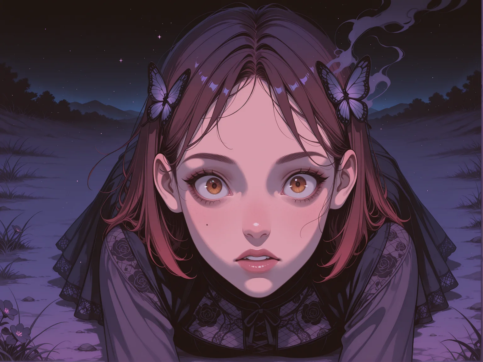 masterpiece, best quality, newest, highres, absurdres, detailed, erotic style, scenery, anime_coloring, anime_screencap, detailed lighting, framevault, movie still, (solo:1.4),
long shadows, light particles, dramatic atmospheric lighting,, bioluminescent, night, midnight, dark,
1girl, dark red hair, brown eyes, shocked, wide eyes, looking at viewer, 18 years old, dark Violet metallic tribal tights, ,
on stomach, laying on stomach, , portrait, close up, upper body dynamic pose,
dark purple clothes, hair ornament, dark clothes,
ballistic shirt, damask Lace-trimmed skirt,
smoke, flowers, wind, stars, overgrown, butterflies, flower, grass, asymmetric,
<lora:eleb:1> eleb, illustration, watercolor \(medium\) <lora:su8e:0.8> su8e, surreal illustration, pastel violet, flat shading <lora:g0th:0.6> g0th, color theme, horror \(theme\) <lora:Sinozick_style:0.6> Sinozick_illu,gradient,spot color <lora:xl_more_art-full_v1:0.3> <lora:Add_Details_v1.2:1> <lora:rupetan:0.3>