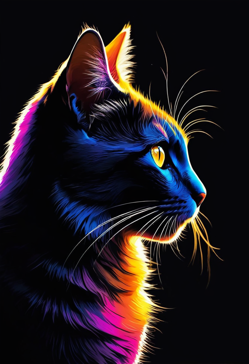 Minimalism, minimalist style Silhouette Art, breathtaking ,  an independent  gracious cat  silhouette with fur displaying a vibrant spectrum of iridescent colors, giving the impression of being dusted with precious shiny particles. The cat is set against a deep black background with a vibrant bright glowing contour. Each glossy strand of its fur is  adorned  with glare, enhancing the mystical and otherworldly appearance.
<lora:InkArtXL_1.2:0.4>  . award-winning, professional, highly detailed, high contrast, well defined, Silhouette Art . simple, clean, uncluttered, modern, elegant, abstract, simple geometic shapes, hard edges, sleek contours, Minimalism