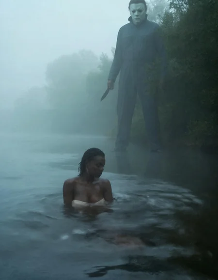 As morning fog rolls over a serene lake, a beautiful Black woman enjoys a quiet bath, the mist swirling around her like a soft veil. The world is shrouded in a silvery hue, with droplets glistening on her skin as she bathes. Hidden among the trees, Michael Myers observes her, his towering figure blending into the shadows. The air is thick with tension as he grips a bloodied knife, the metallic glint barely visible in the mist. The calm of the lake belies the danger lurking just beyond the shore, creating an unsettling juxtaposition as he prepares to close in. <lora:michaelmyers_simple2-1300:1.0>